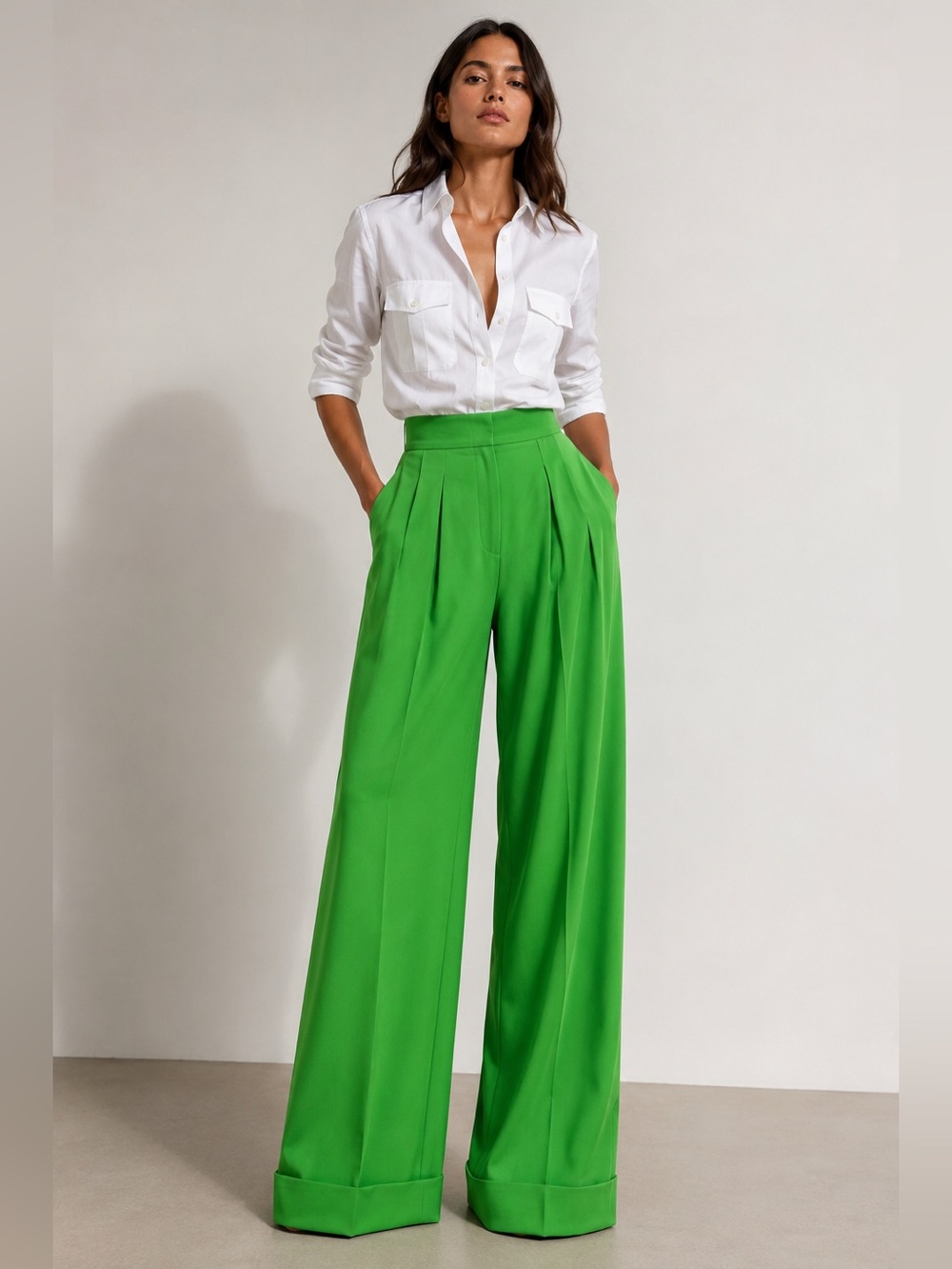 Michael Kors Collection Bright Green Wide-Leg Pleated Trousers
